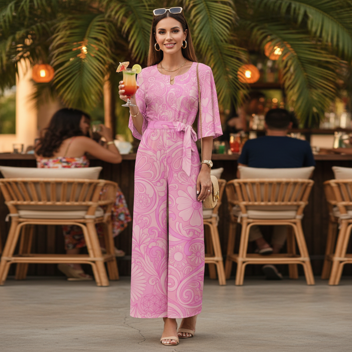 70s Inspired Ibiza Retro Peach & Pink Jumpsuit – Retro Floral Print in Peach and Pink | Wide Leg Jumpsuit | Summer Jumpsuit