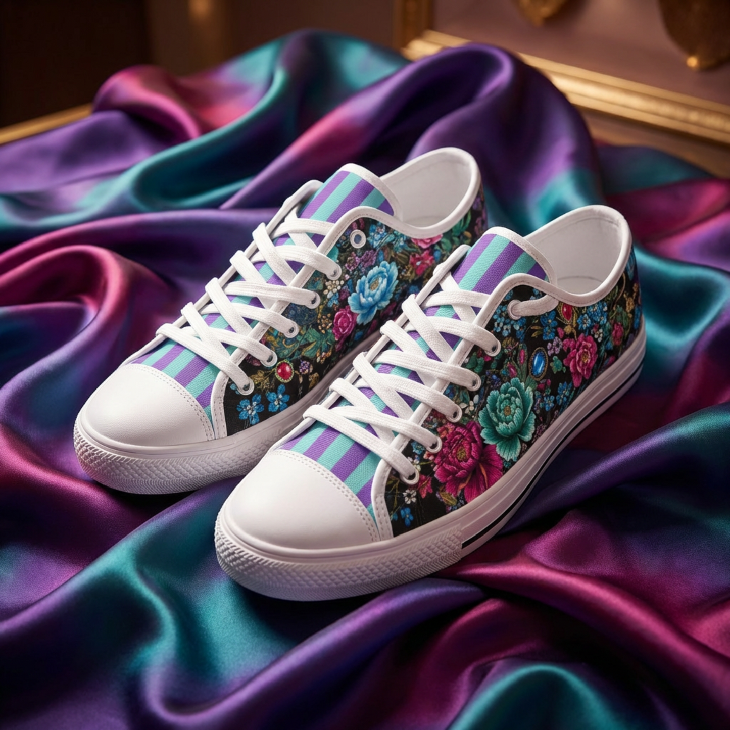 ENVERA Unisex Low Top Canvas Shoes "Midnight Bloom" | Colorful Floral Sneakers | Vibrant Floral Footwear | Vivid Designer Shoes