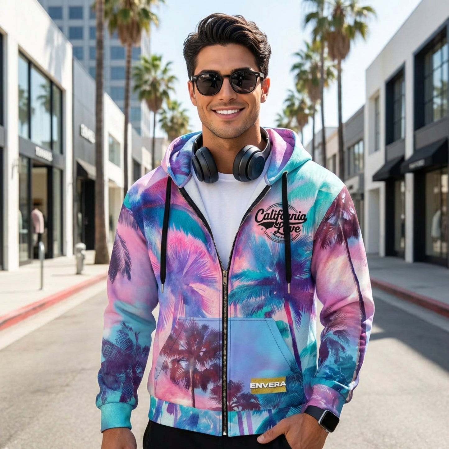 California Love Zip Hoodie | Psychedelic Palm Tree All-Over Print | Streetwear Unisex Hoodie | Vaporwave Aesthetic
