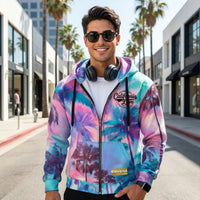 ENVERA California Love unisex zip hoodie with psychedelic tropical palm tree all-over print in pink, teal, purple, and blue