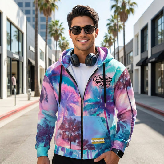 California Love Zip Hoodie | Psychedelic Palm Tree All-Over Print | Streetwear Unisex Hoodie | Vaporwave Aesthetic