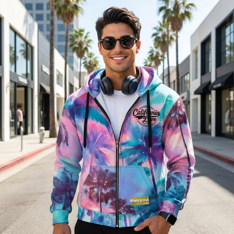 ENVERA California Love unisex zip hoodie with psychedelic tropical palm tree all-over print in pink, teal, purple, and blue