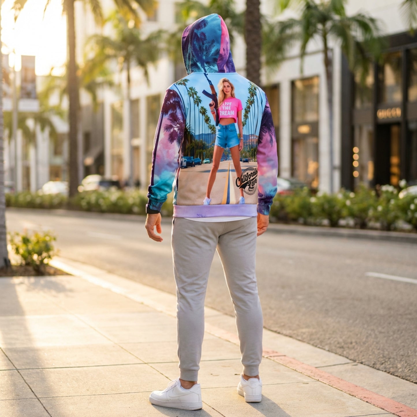 California Love Zip Hoodie | Psychedelic Palm Tree All-Over Print | Streetwear Unisex Hoodie | Vaporwave Aesthetic