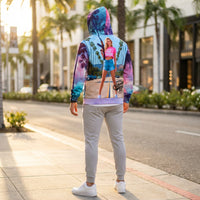 California Love unisex hoodie with vibrant palm tree artwork and colorful all-over tropical print