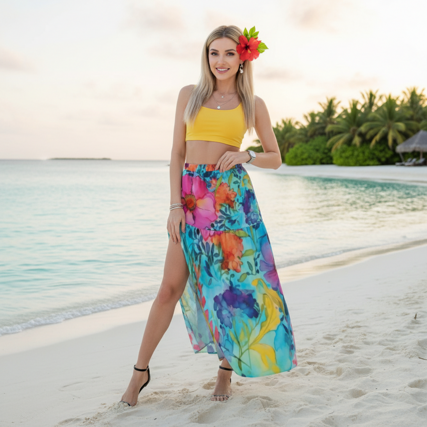 Vibrant Floral Midi Skirt with high elastic waist and thigh slit, featuring a flowy silhouette | Perfect spring and Summer Dress