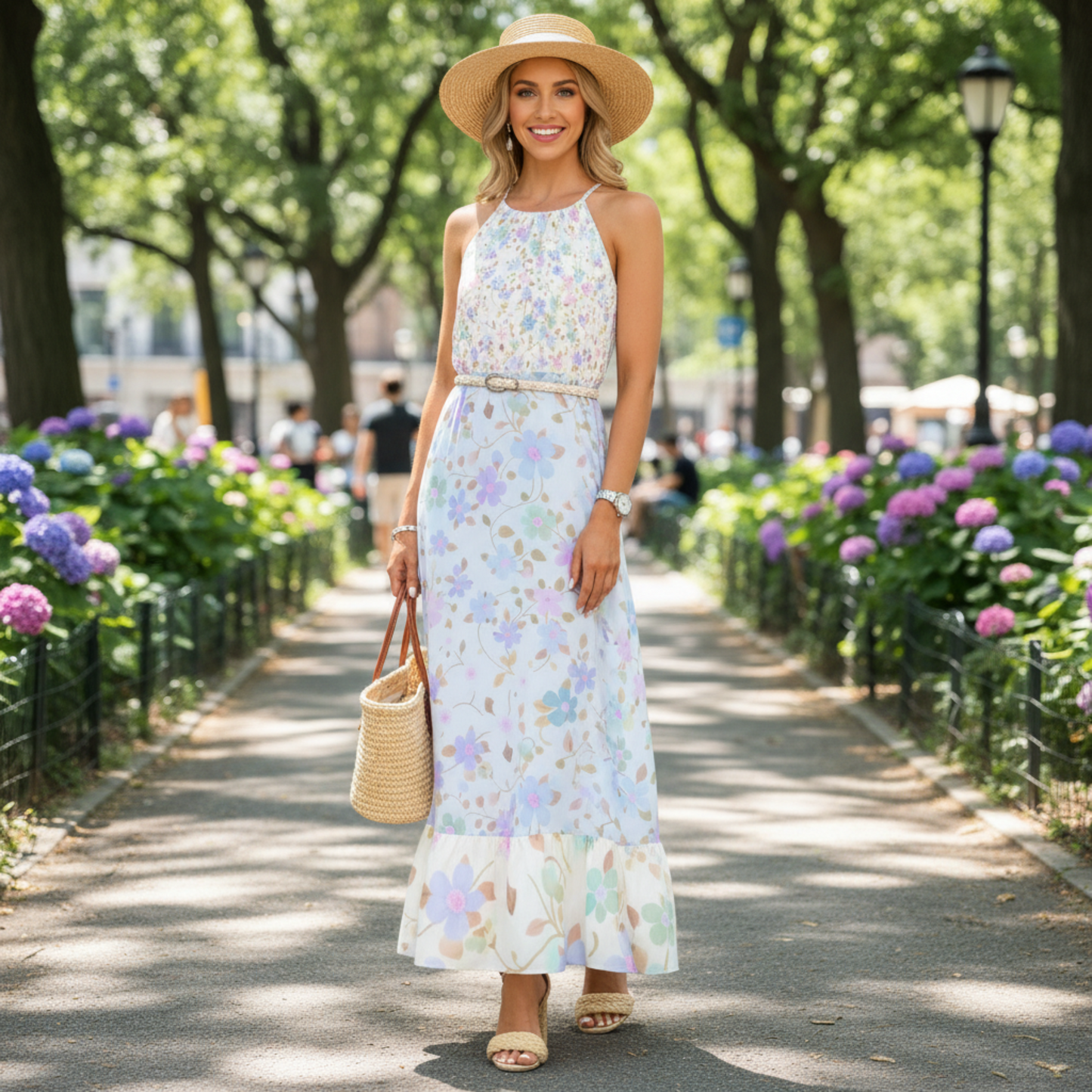 Flowy pastel floral maxi dress with halter neckline, elastic waist, and ruffle hem – perfect for effortless summer elegance | White & blue
