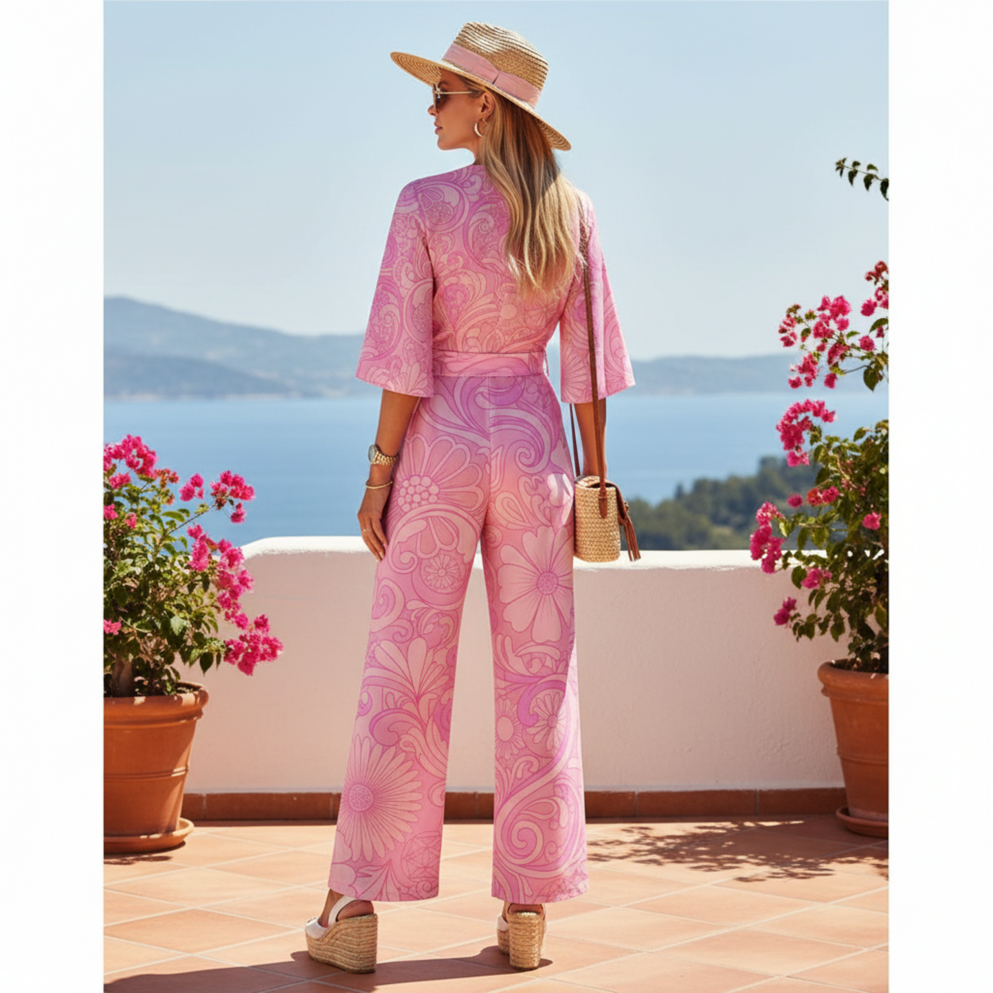 70s Inspired Ibiza Retro Peach & Pink Jumpsuit – Retro Floral Print in Peach and Pink | Wide Leg Jumpsuit | Summer Jumpsuit