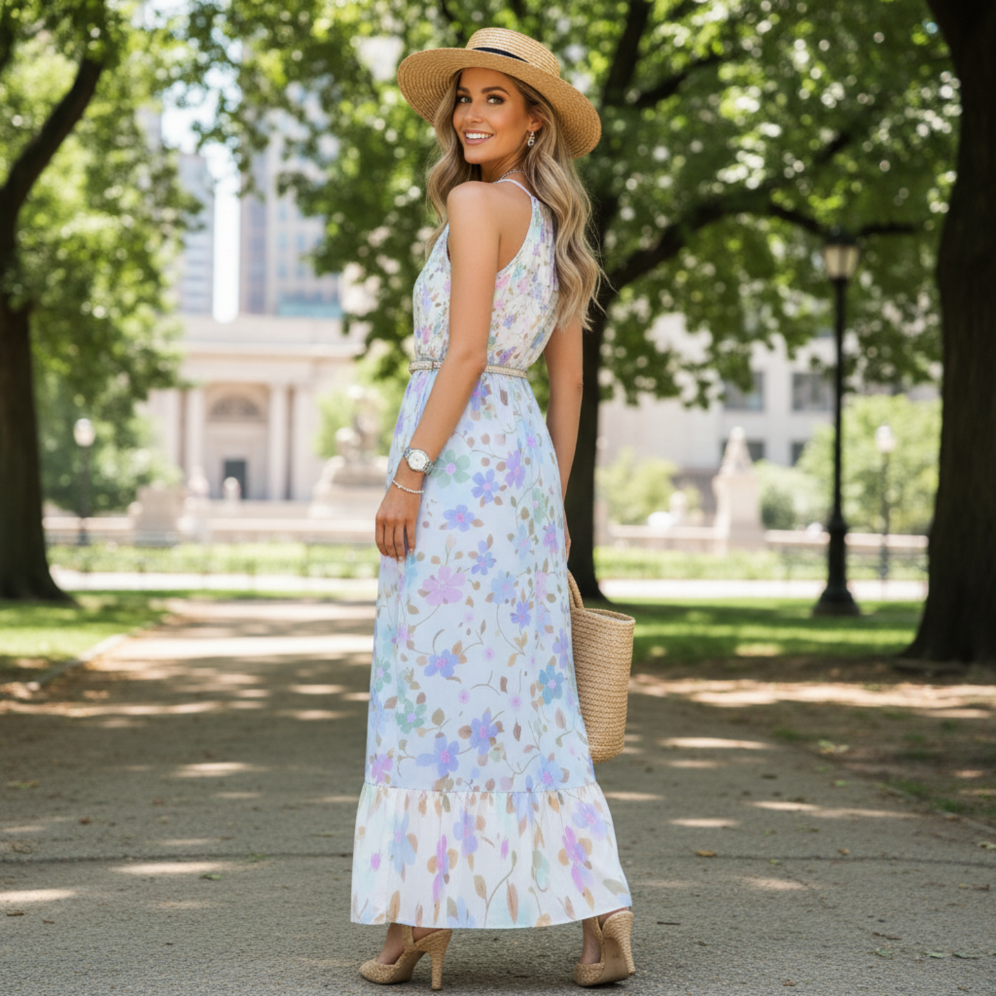 Flowy pastel floral maxi dress with halter neckline, elastic waist, and ruffle hem – perfect for effortless summer elegance | White & blue