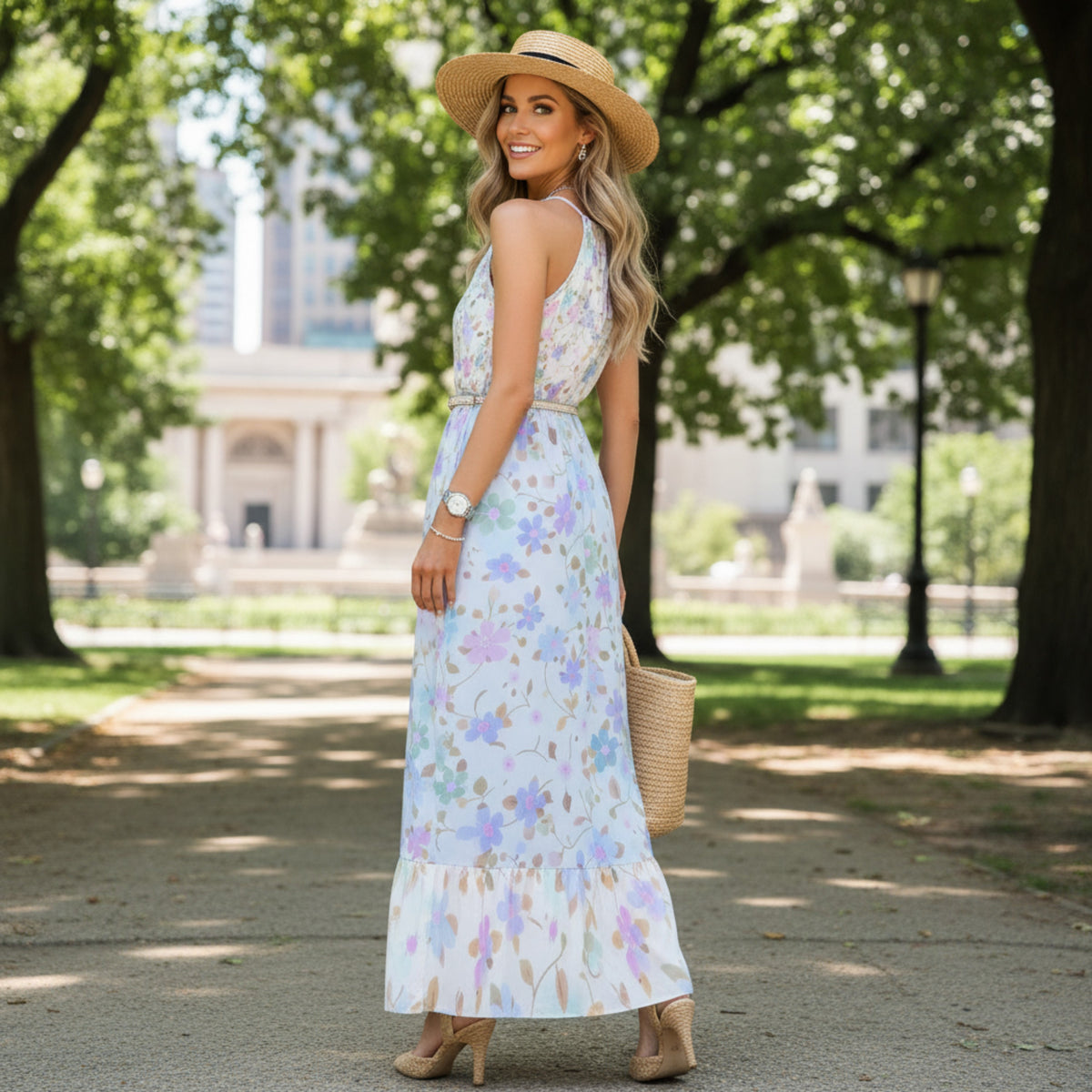 Women's pastel floral halter neck maxi dress with lavender, sky blue, blush pink, and mint botanical print