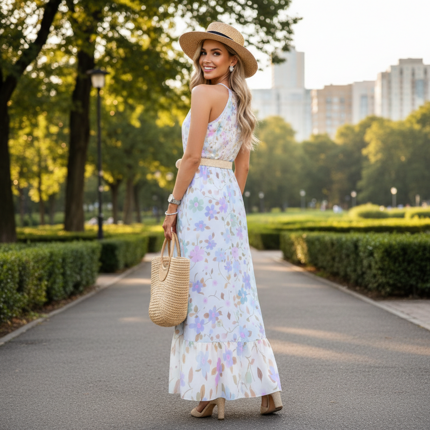 Flowy pastel floral maxi dress with halter neckline, elastic waist, and ruffle hem – perfect for effortless summer elegance | White & blue