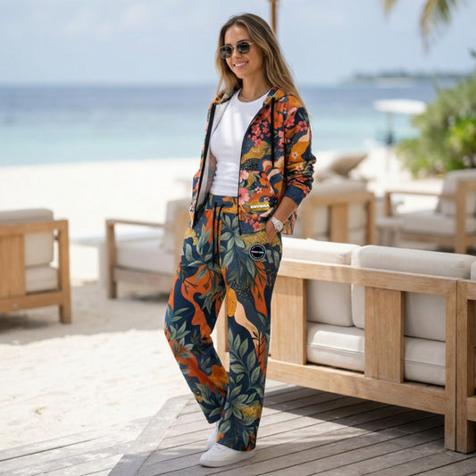 VIBRANT REBEL Floral camouflage unisex Wide-leg joggers, bold streetwear joggers, colorful camo design