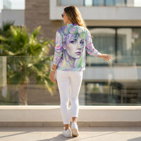 Unisex bomber jacket with surreal psychedelic portrait, butterfly elements, and pastel all-over print in mint, lavender, pink, and blue