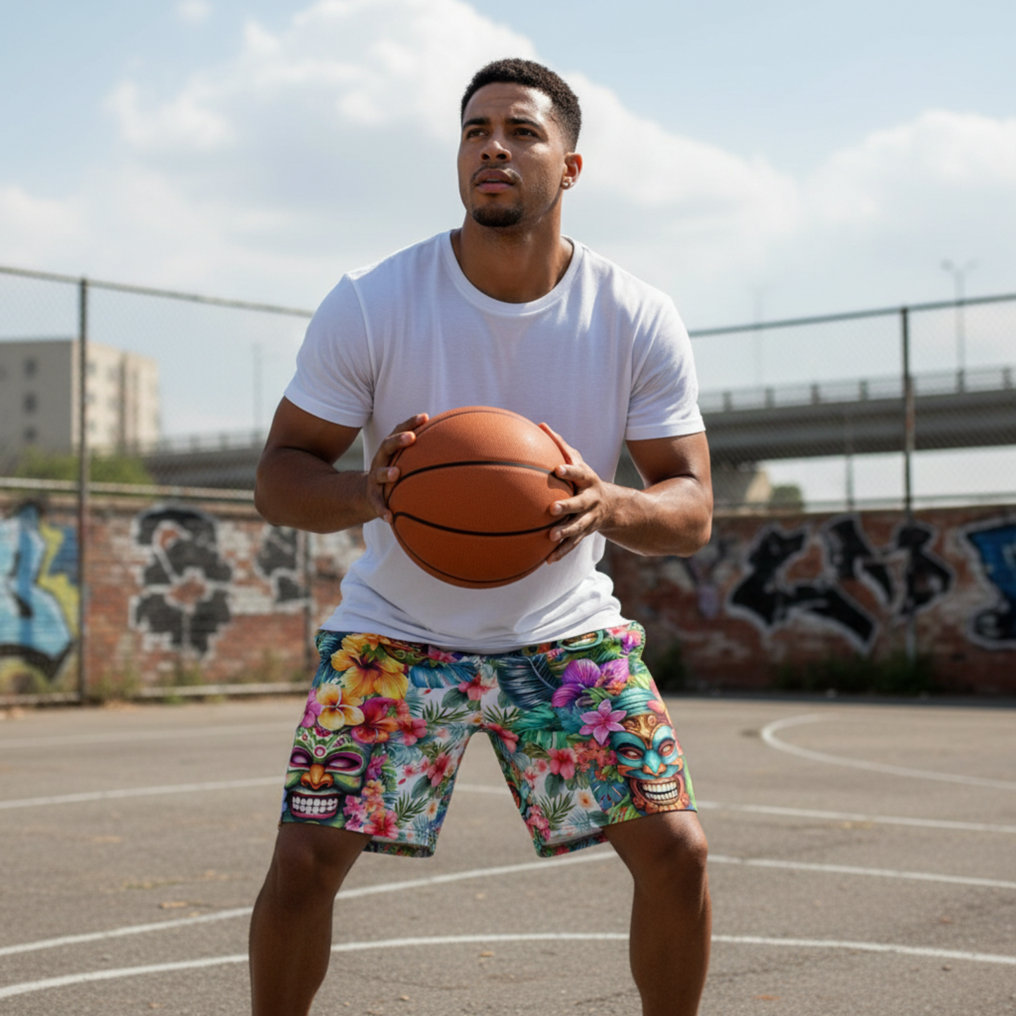 Tropical Tiki Performance Shorts – Built for Motion. Inspired by the Islands. Hawaiian Tiki Print Workout Shorts