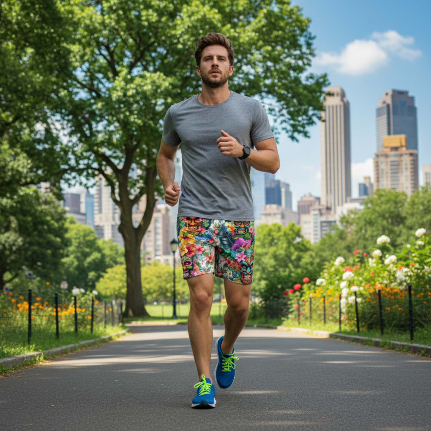 Tropical Tiki Performance Shorts – Built for Motion. Inspired by the Islands. Hawaiian Tiki Print Workout Shorts