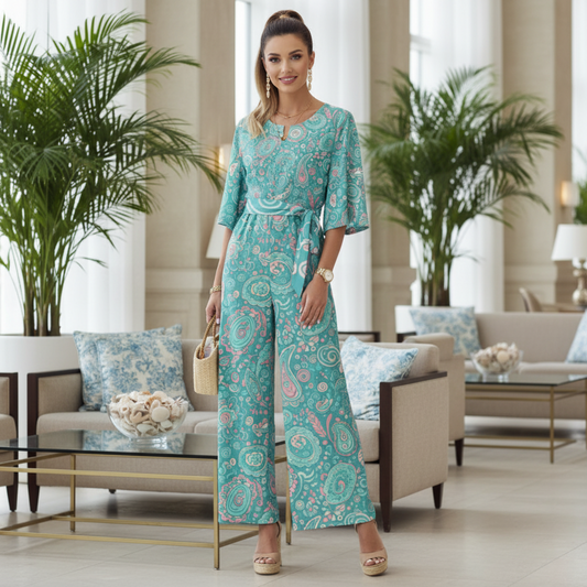 60s Ibiza Style Paisley Jumpsuit – Boho Summer Jumpsuit in Turquoise Pastel Print | Wide Leg Jumpsuit | Summer Jumpsuit | Dolman Sleeve