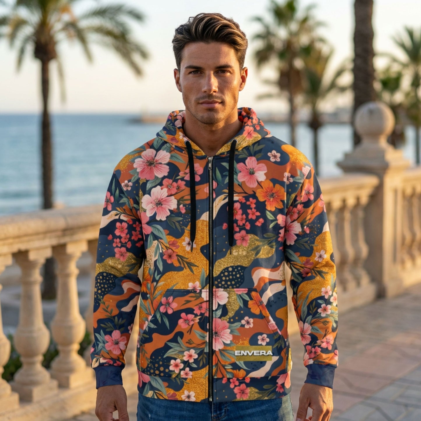 Floral camouflage unisex zip hoodie, bold streetwear hoodie, colorful camo hoodie, artistic floral pattern, standout fashion