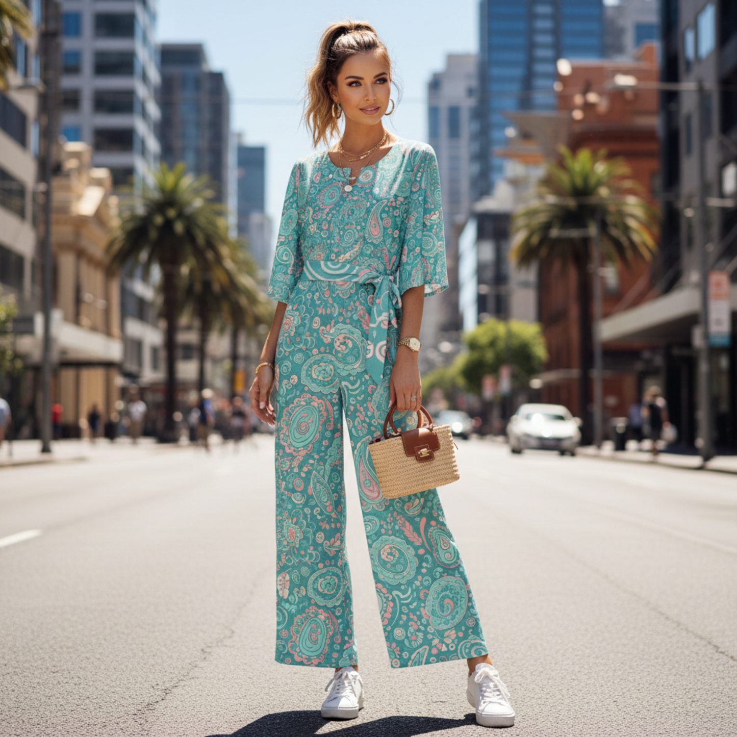 60s Ibiza Style Paisley Jumpsuit – Boho Summer Jumpsuit in Turquoise Pastel Print | Wide Leg Jumpsuit | Summer Jumpsuit | Dolman Sleeve
