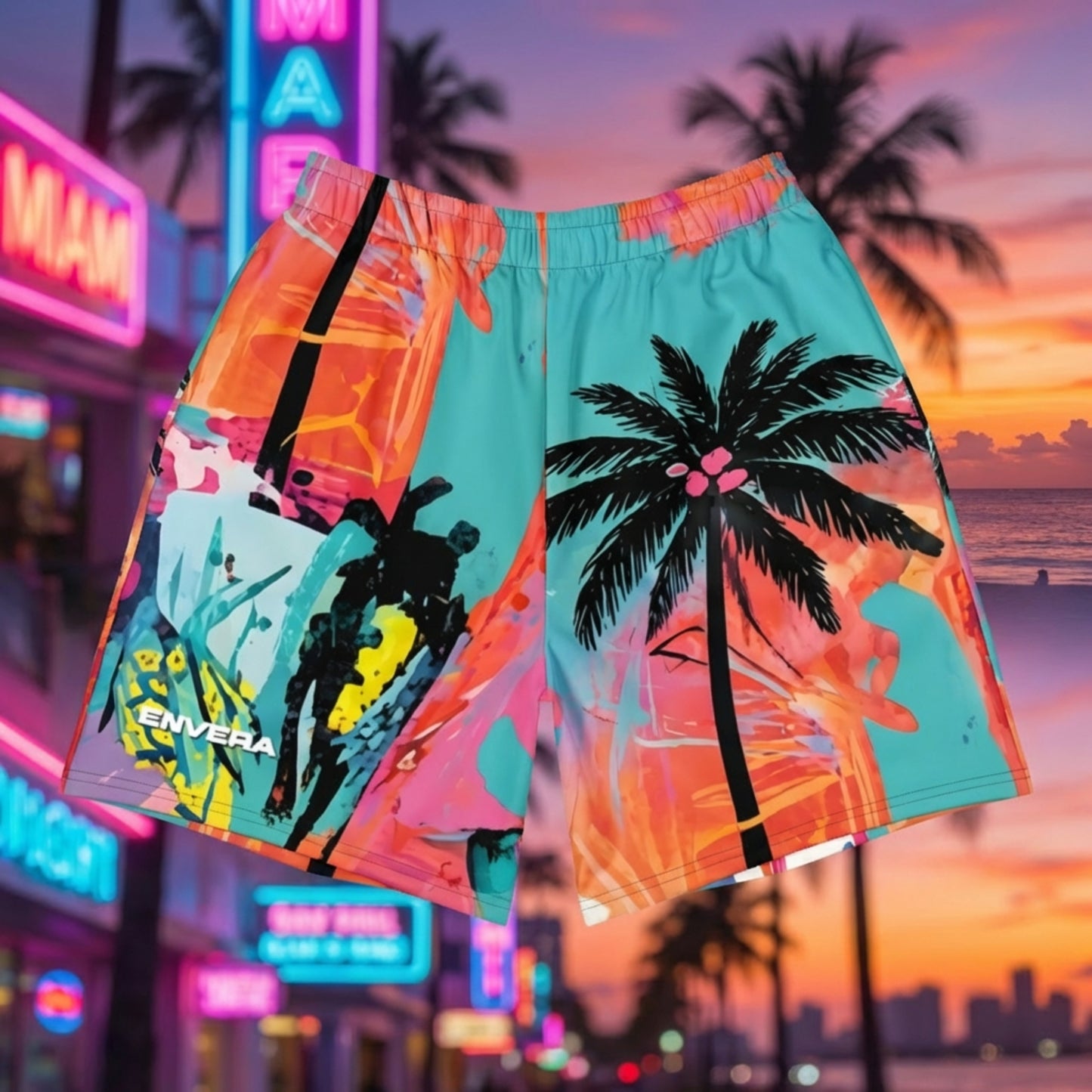 Long Sports Shorts – Neon Palm Riot Design