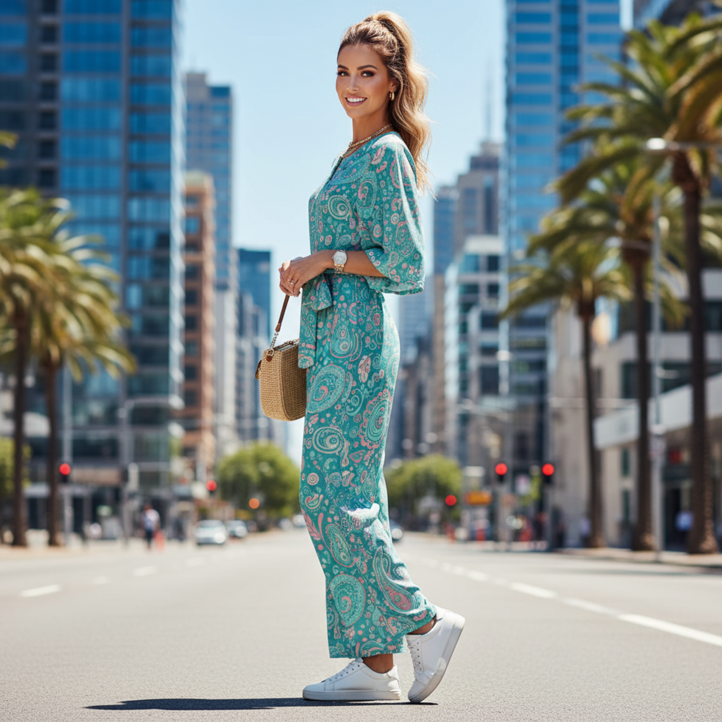 60s Ibiza Style Paisley Jumpsuit – Boho Summer Jumpsuit in Turquoise Pastel Print | Wide Leg Jumpsuit | Summer Jumpsuit | Dolman Sleeve