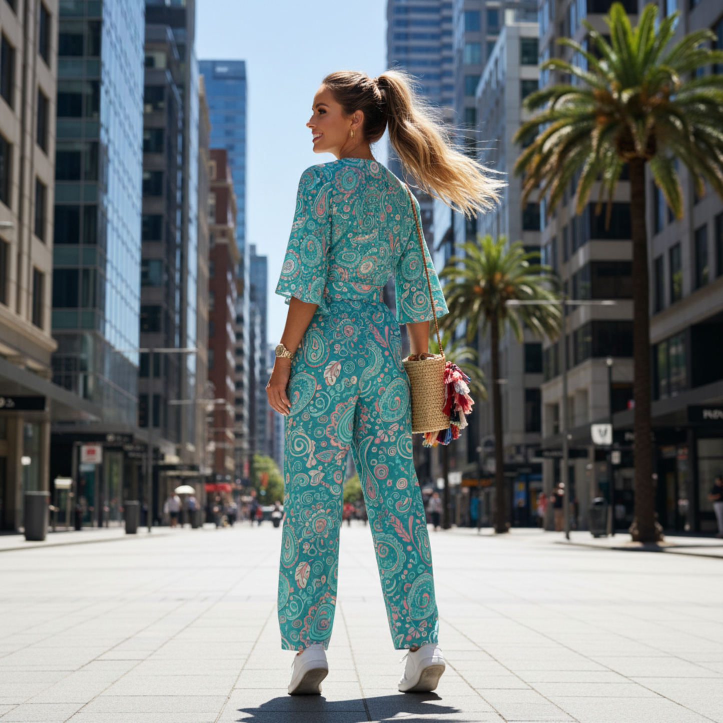 60s Ibiza Style Paisley Jumpsuit – Boho Summer Jumpsuit in Turquoise Pastel Print | Wide Leg Jumpsuit | Summer Jumpsuit | Dolman Sleeve
