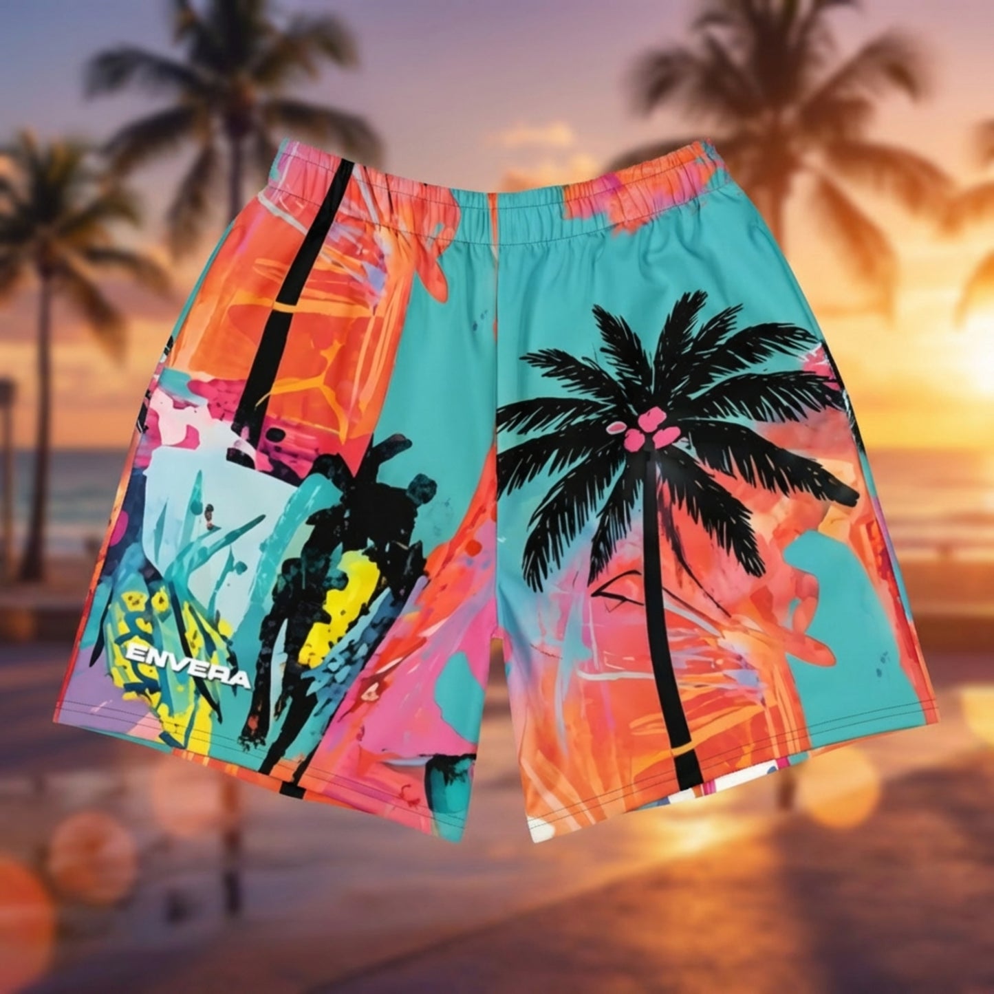 Long Sports Shorts – Neon Palm Riot Design
