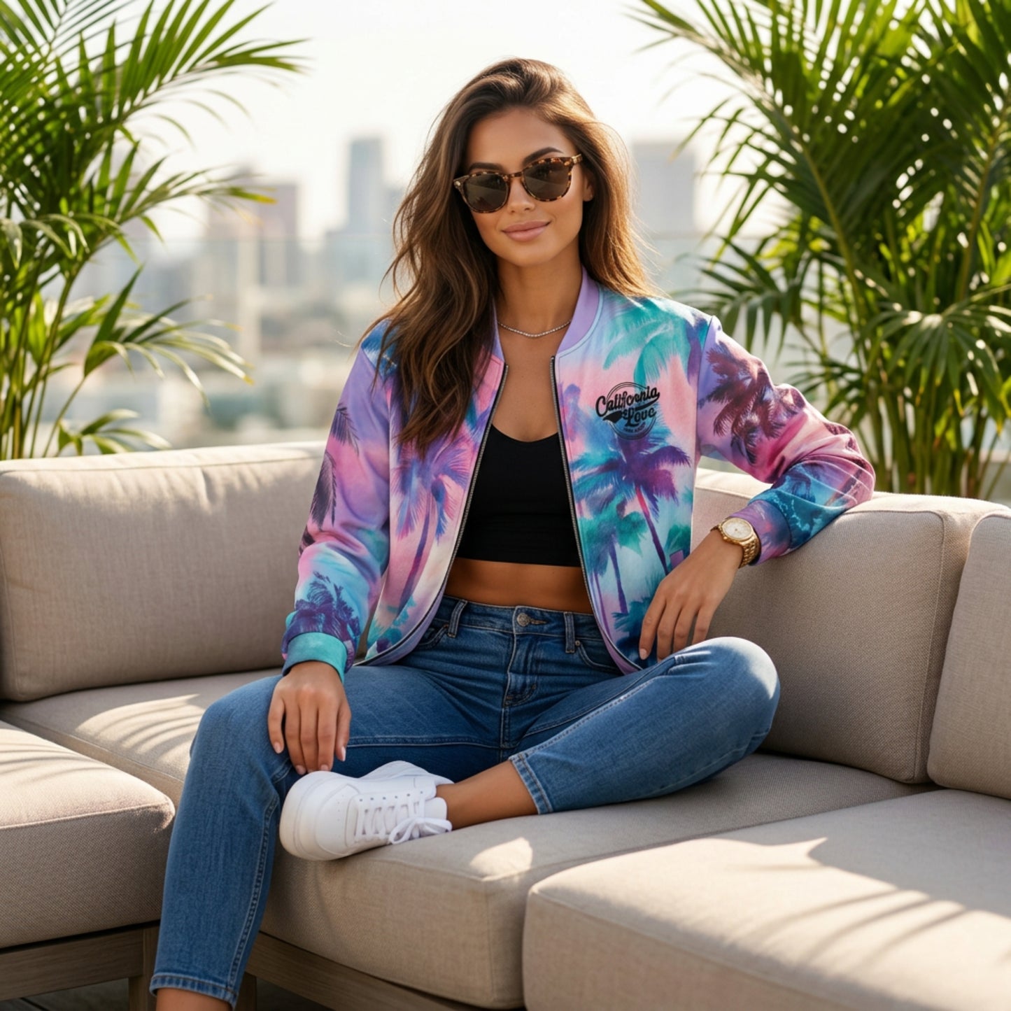 California Love Unisex Bomber Jacket | Psychedelic Palm Tree All-Over Print | Streetwear Unisex Bomber Jacket
