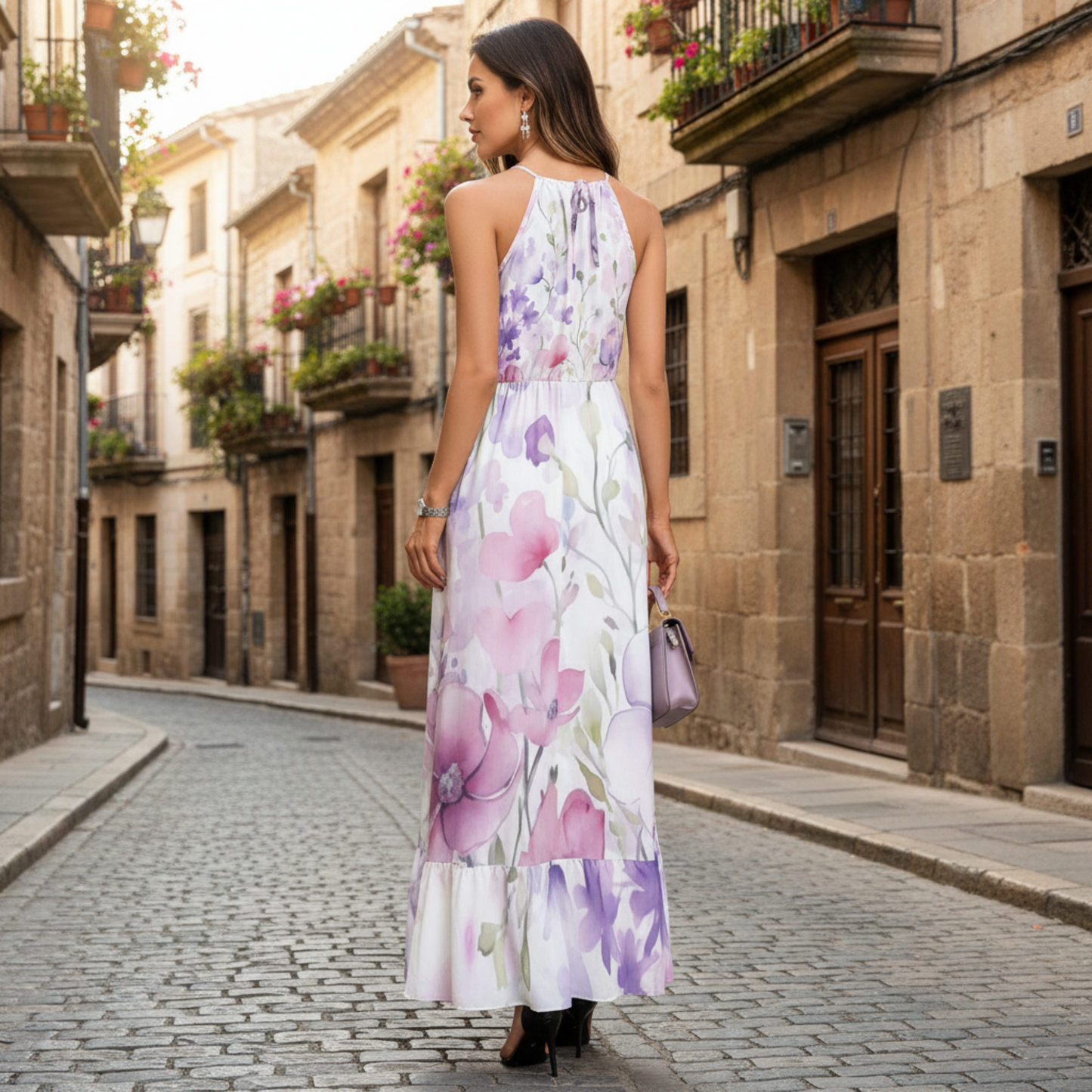 Stunning, flowy floral maxi dress with a halter neckline, ruffle hem, and vibrant watercolor print for effortless summer style | Maxi Dress