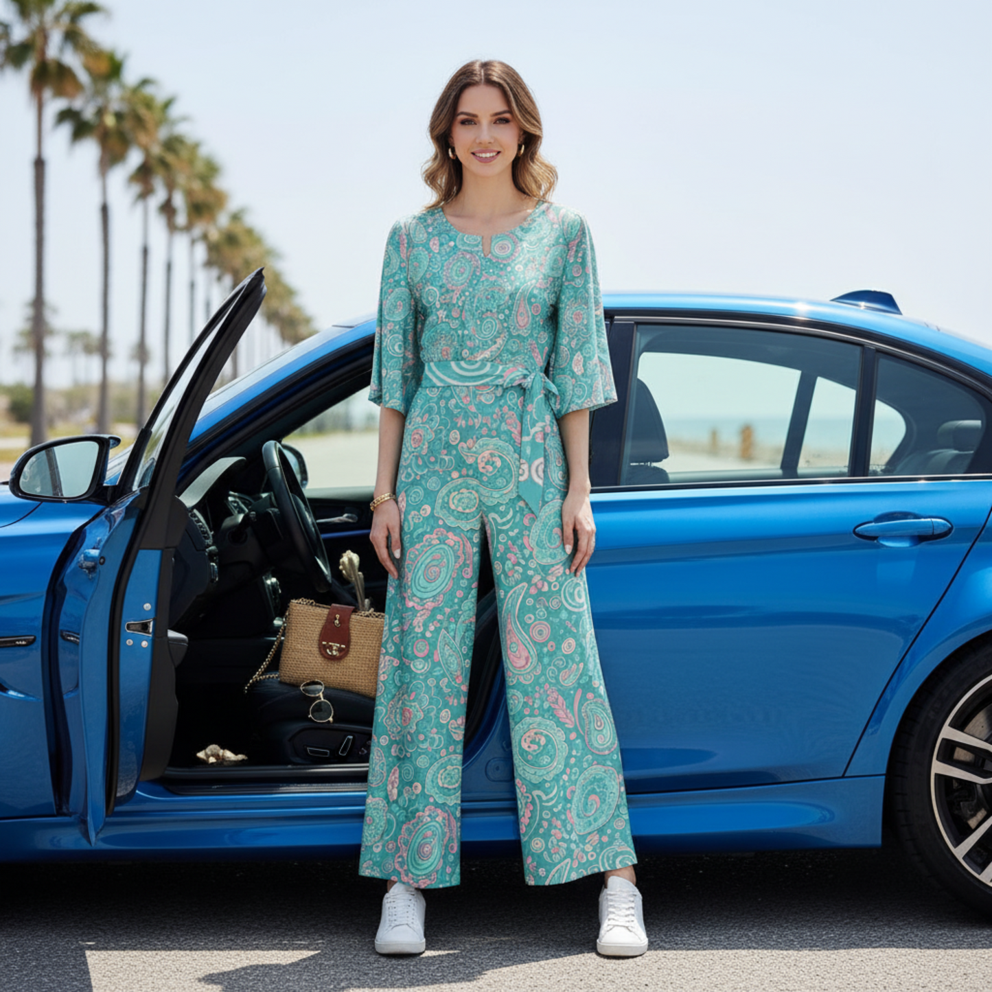 60s Ibiza Style Paisley Jumpsuit – Boho Summer Jumpsuit in Turquoise Pastel Print | Wide Leg Jumpsuit | Summer Jumpsuit | Dolman Sleeve