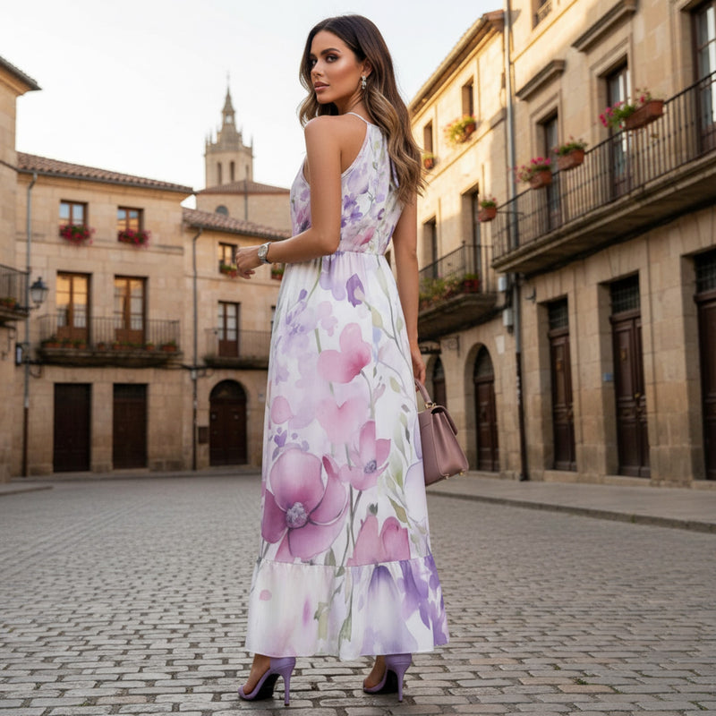Women's flowy floral maxi dress featuring watercolor flowers in blush pink, lavender, and white with a halter neckline