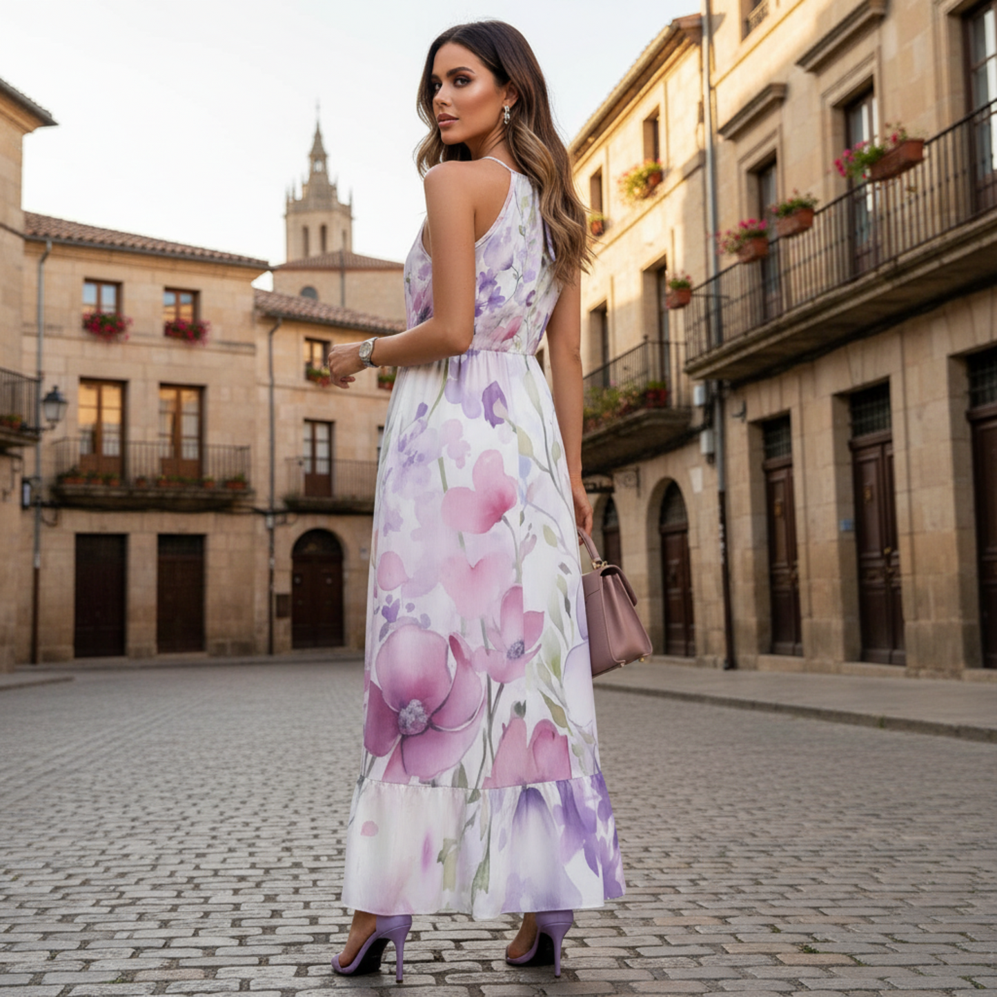 Stunning, flowy floral maxi dress with a halter neckline, ruffle hem, and vibrant watercolor print for effortless summer style | Maxi Dress