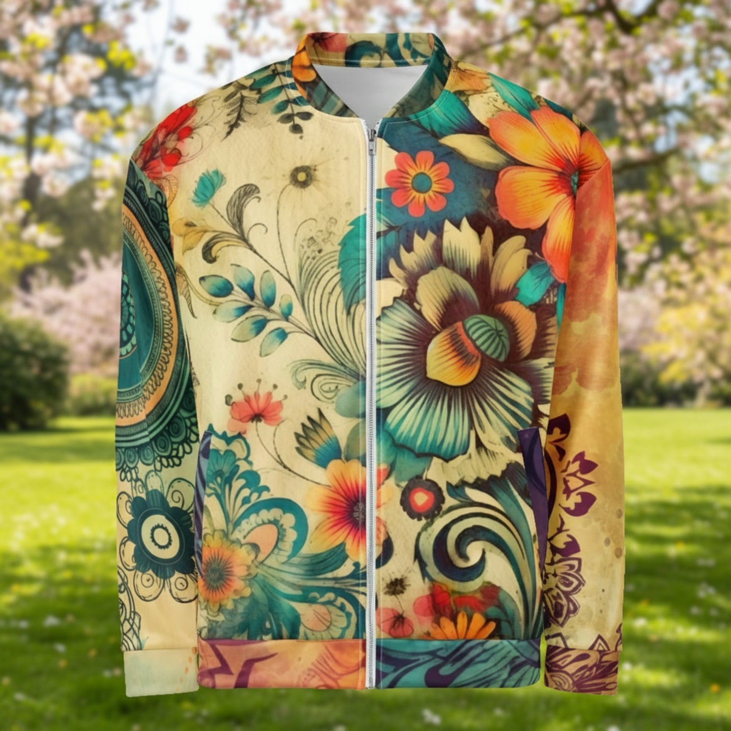 Boho Bloom Unisex Bomber Jacket ZENARA | Floral Mandala All-Over Print | Bohemian Streetwear