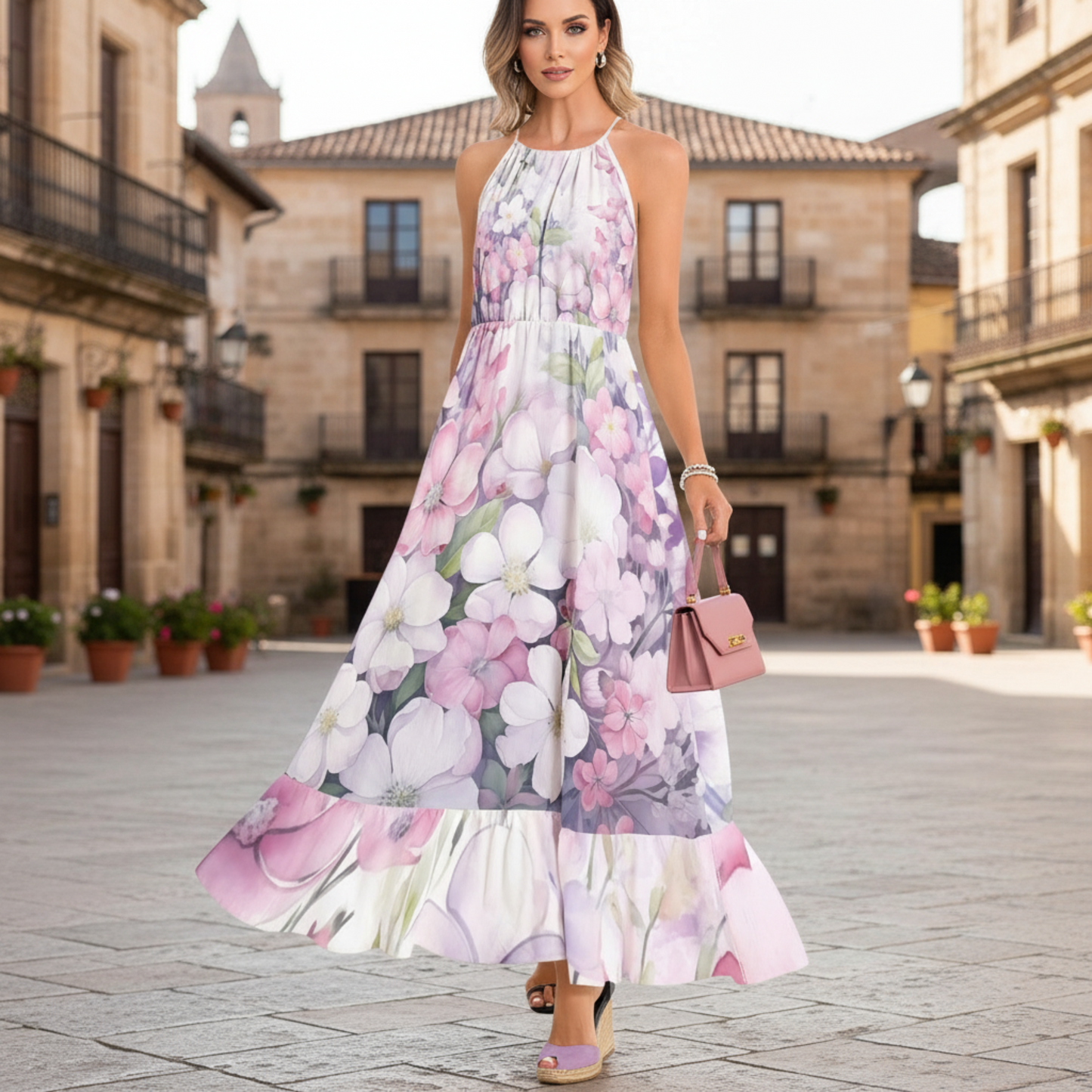 Stunning, flowy floral maxi dress with a halter neckline, ruffle hem, and vibrant watercolor print for effortless summer style | Maxi Dress