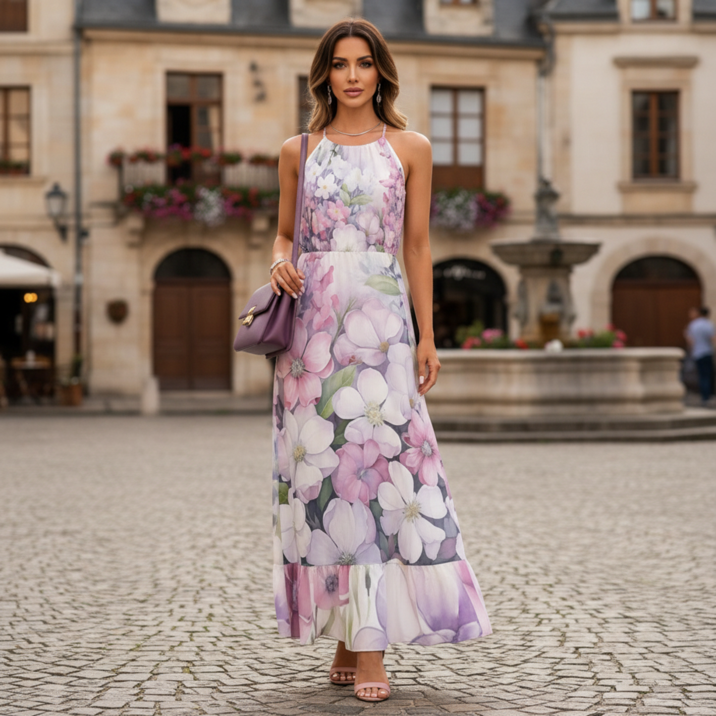 Stunning, flowy floral maxi dress with a halter neckline, ruffle hem, and vibrant watercolor print for effortless summer style | Maxi Dress