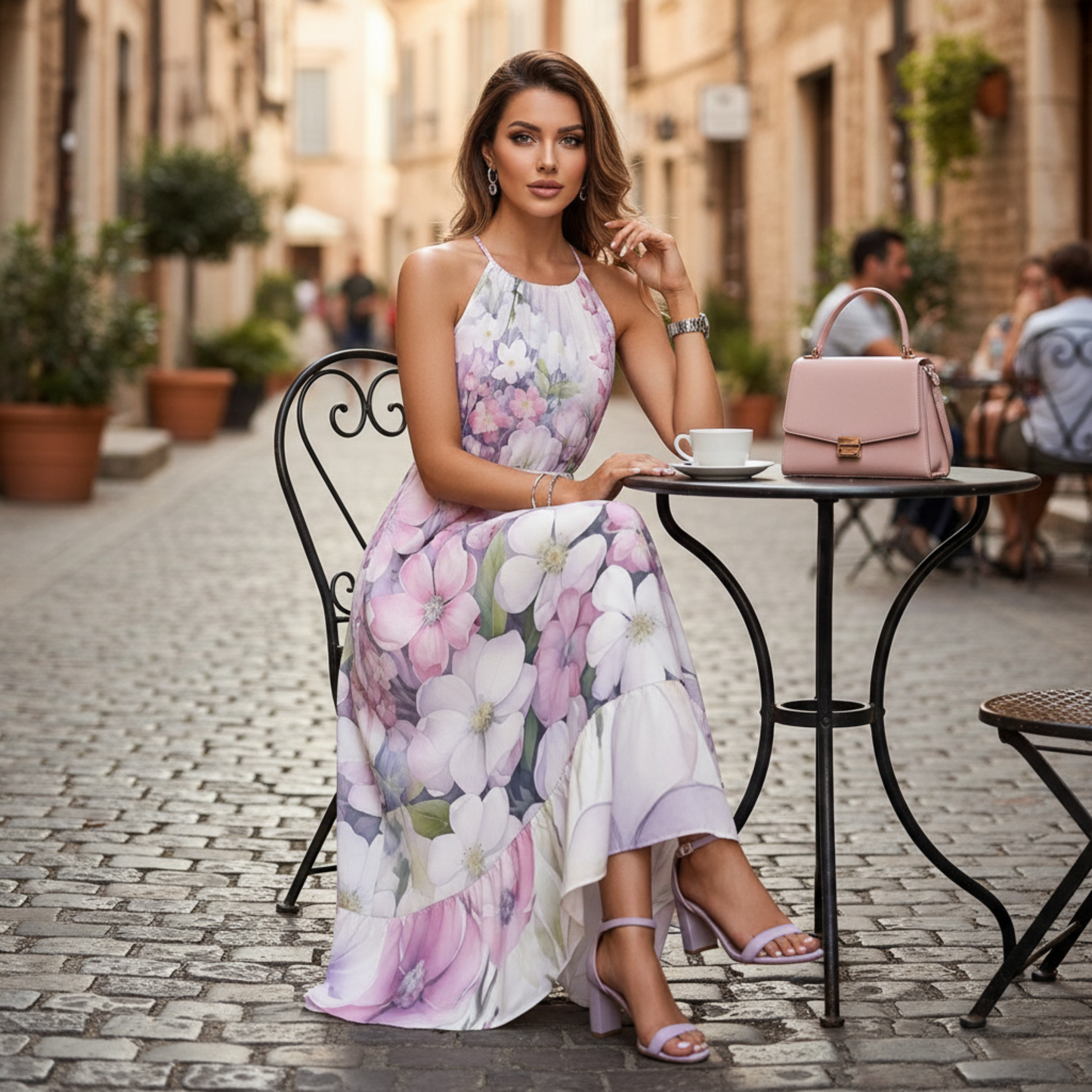 Stunning, flowy floral maxi dress with a halter neckline, ruffle hem, and vibrant watercolor print for effortless summer style | Maxi Dress