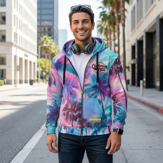 California Love Zip Hoodie | Psychedelic Palm Tree All-Over Print | Streetwear Unisex Hoodie | Vaporwave Aesthetic