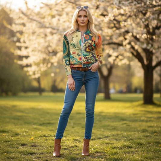 Boho Bloom Unisex Bomber Jacket ZENARA | Floral Mandala All-Over Print | Bohemian Streetwear