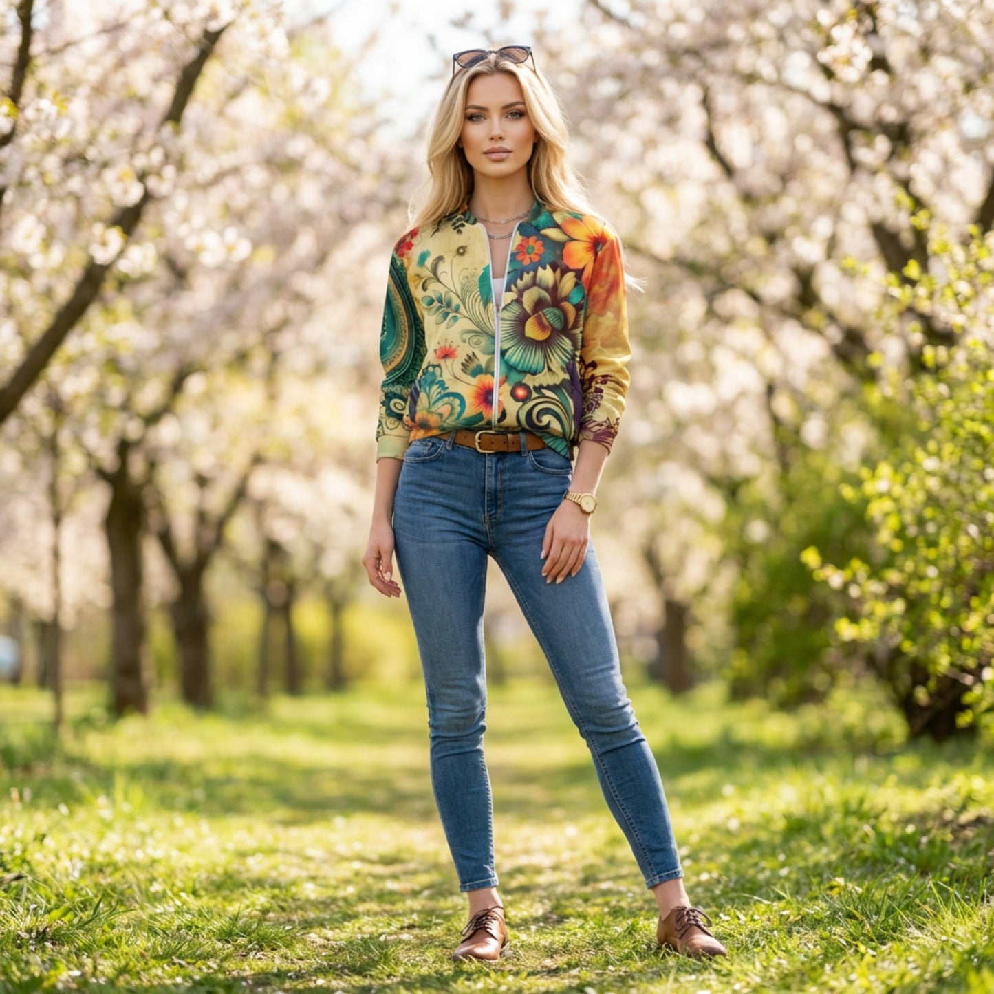 Boho Bloom Unisex Bomber Jacket ZENARA | Floral Mandala All-Over Print | Bohemian Streetwear