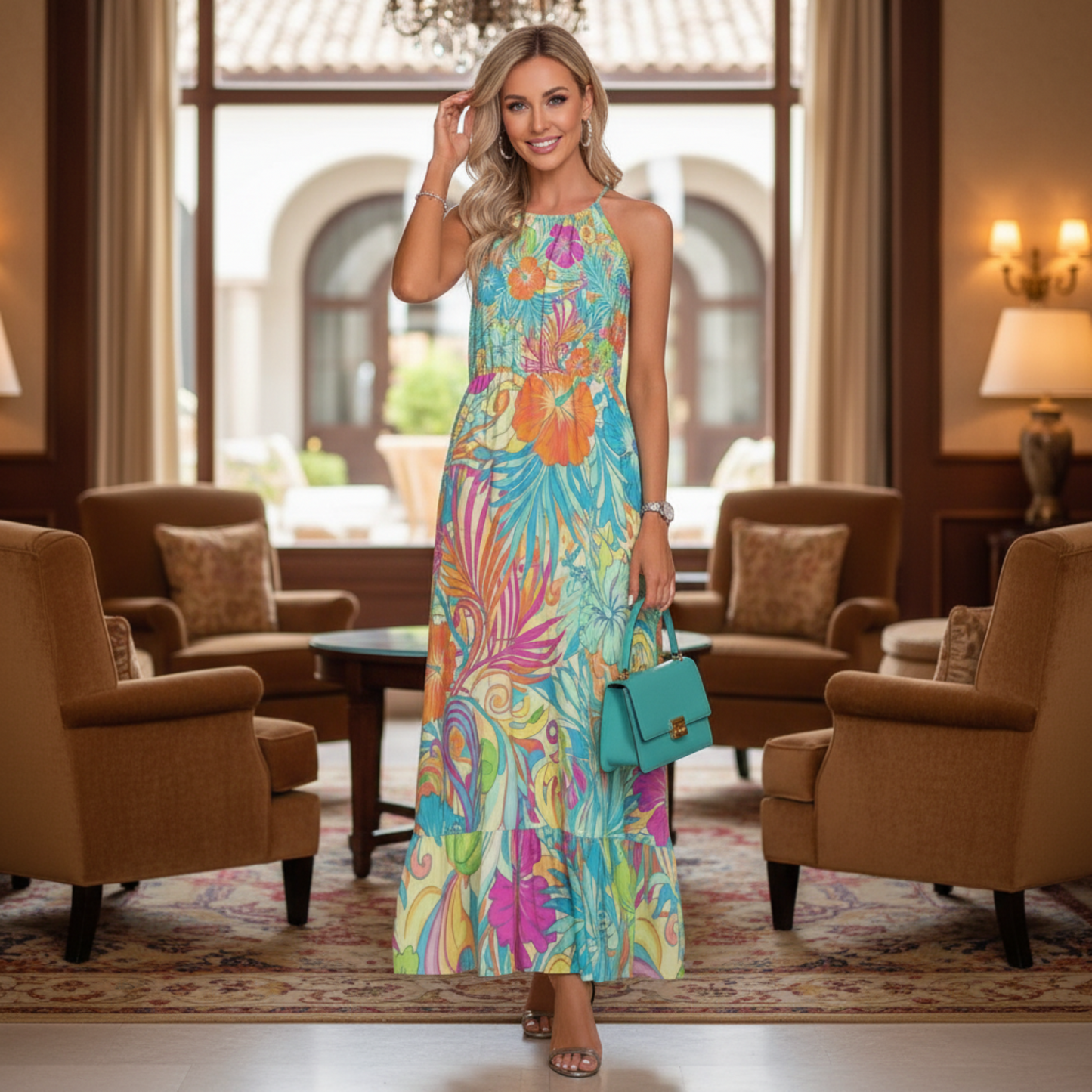 60s Inspired Tropical Hibiscus Maxi Dress in Turquoise, Orange & Hot Pink | Halter neckline Dress | Summer Dress