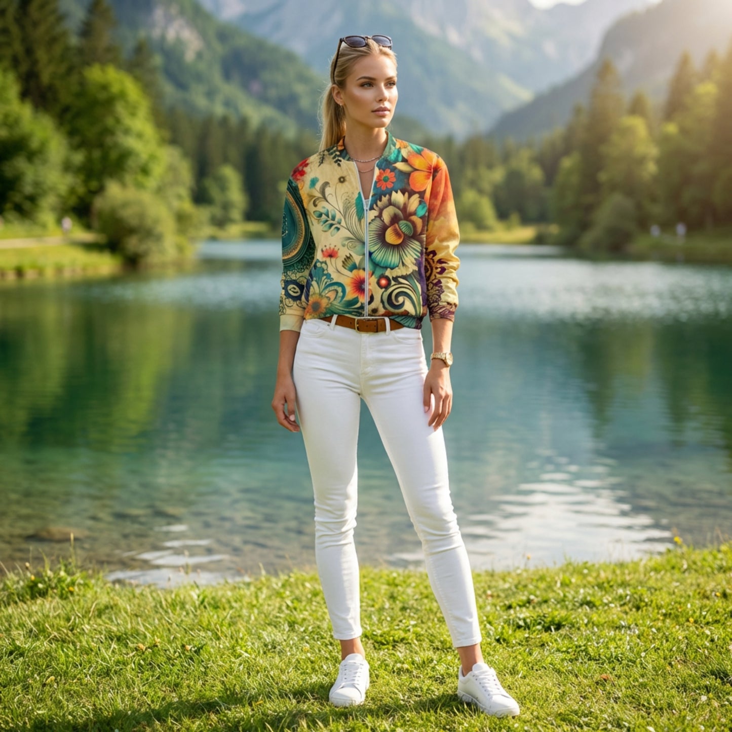 Boho Bloom Unisex Bomber Jacket ZENARA | Floral Mandala All-Over Print | Bohemian Streetwear