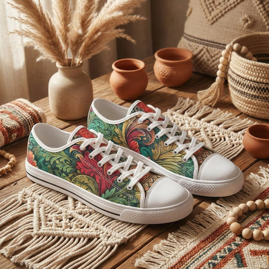 ENVERA Unisex Low Top Canvas Shoes “WILD TAPESTRY” | Boho Floral Pattern Sneakers | Artistic Lifestyle Shoes