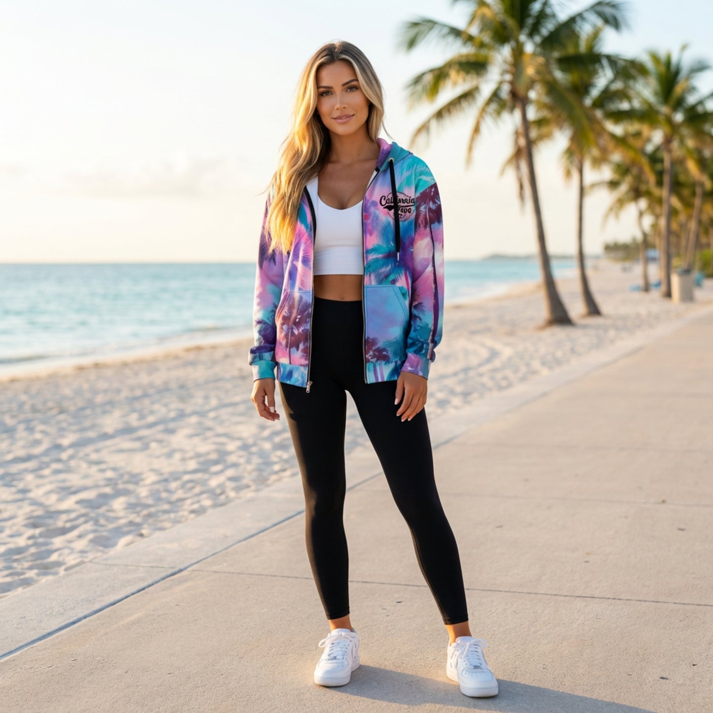 California Love Zip Hoodie | Psychedelic Palm Tree All-Over Print | Streetwear Unisex Hoodie | Vaporwave Aesthetic