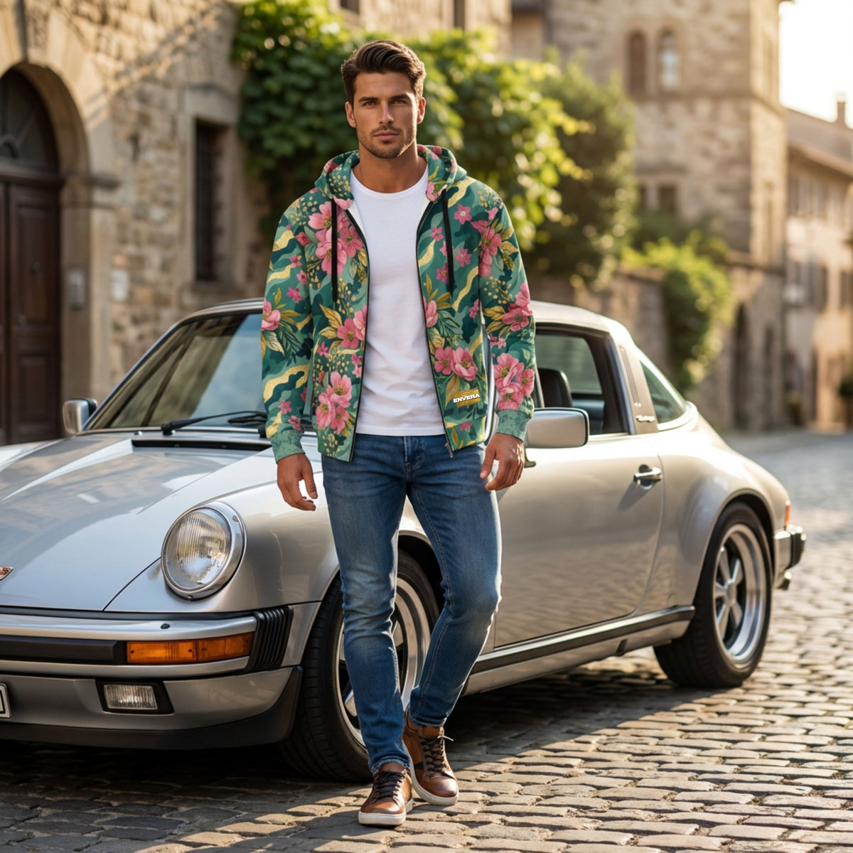 Nature-inspired floral camouflage zip hoodie with blooming pink flowers, lush green leaves, and artistic botanical print