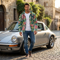 Nature-inspired floral camouflage zip hoodie with blooming pink flowers, lush green leaves, and artistic botanical print