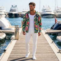 Nature-inspired floral camouflage zip hoodie with blooming pink flowers, lush green leaves, and artistic botanical print