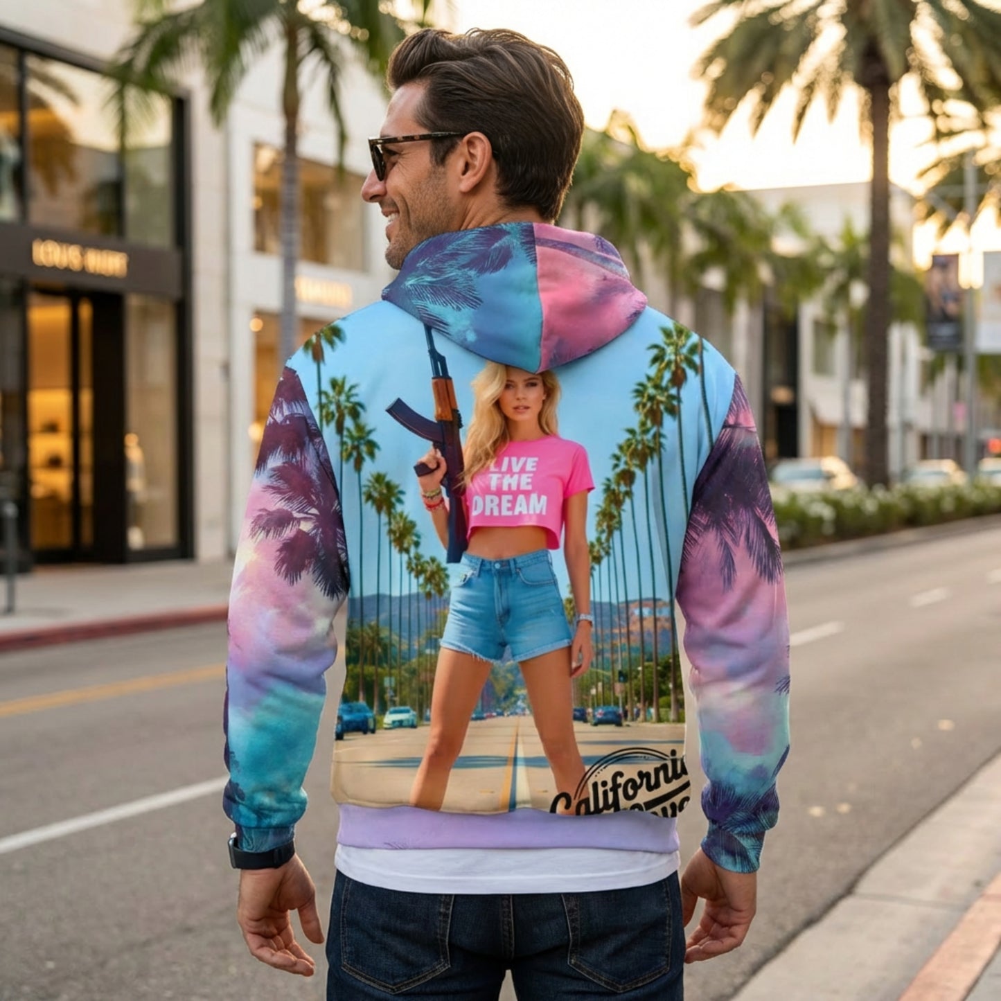 California Love Zip Hoodie | Psychedelic Palm Tree All-Over Print | Streetwear Unisex Hoodie | Vaporwave Aesthetic