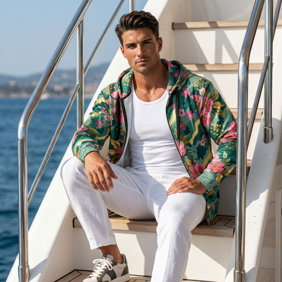 Nature-inspired floral camouflage zip hoodie with blooming pink flowers, lush green leaves, and artistic botanical print