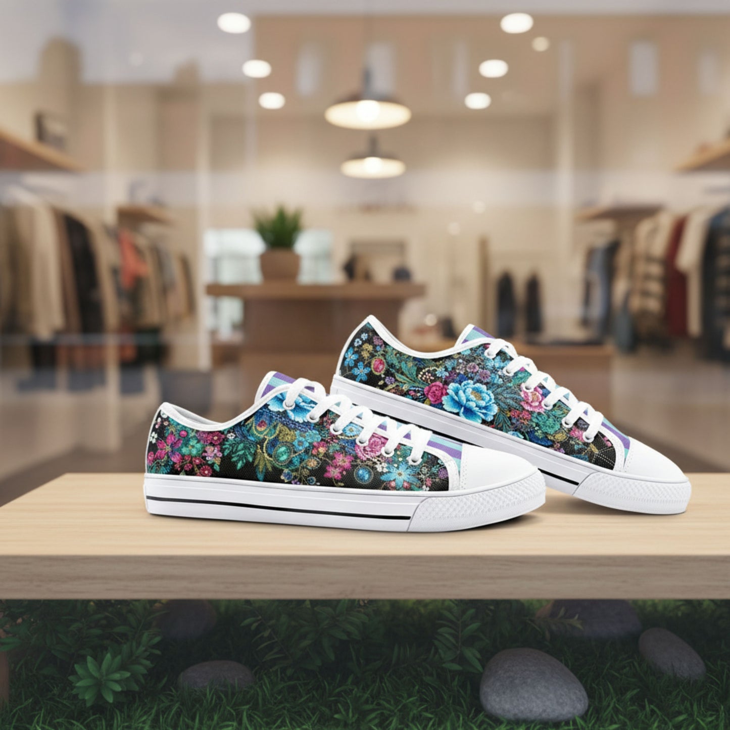 ENVERA Unisex Low Top Canvas Shoes "Midnight Bloom" | Colorful Floral Sneakers | Vibrant Floral Footwear | Vivid Designer Shoes