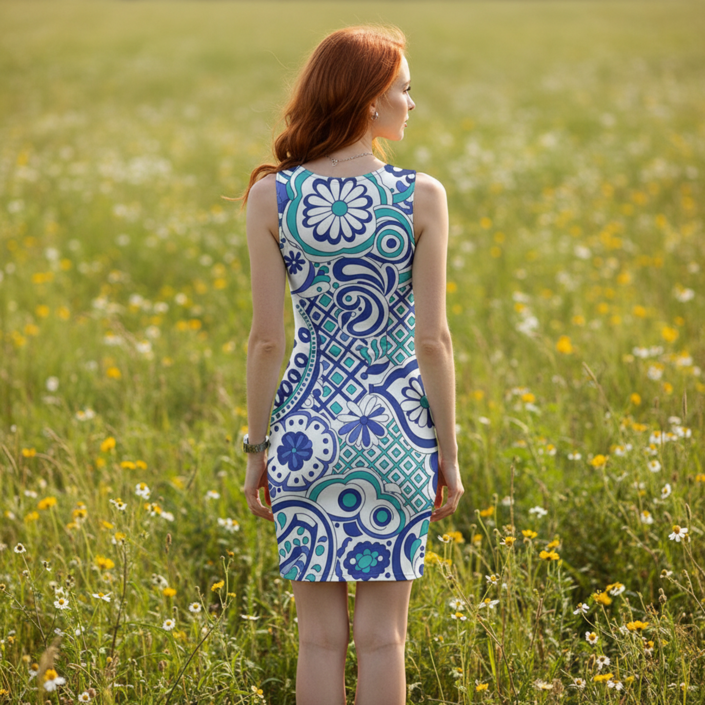60s 70s Inspired Ibiza Blue Floral Mini Dress – Retro Swirl & Paisley Print in Royal Blue and Turquoise | Stretch Dress | Comfy Summer Dress