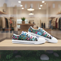 ENVERA Colorful floral canvas sneakers with turquoise, pink, and blue botanical print and pastel striped tongue for men and women
