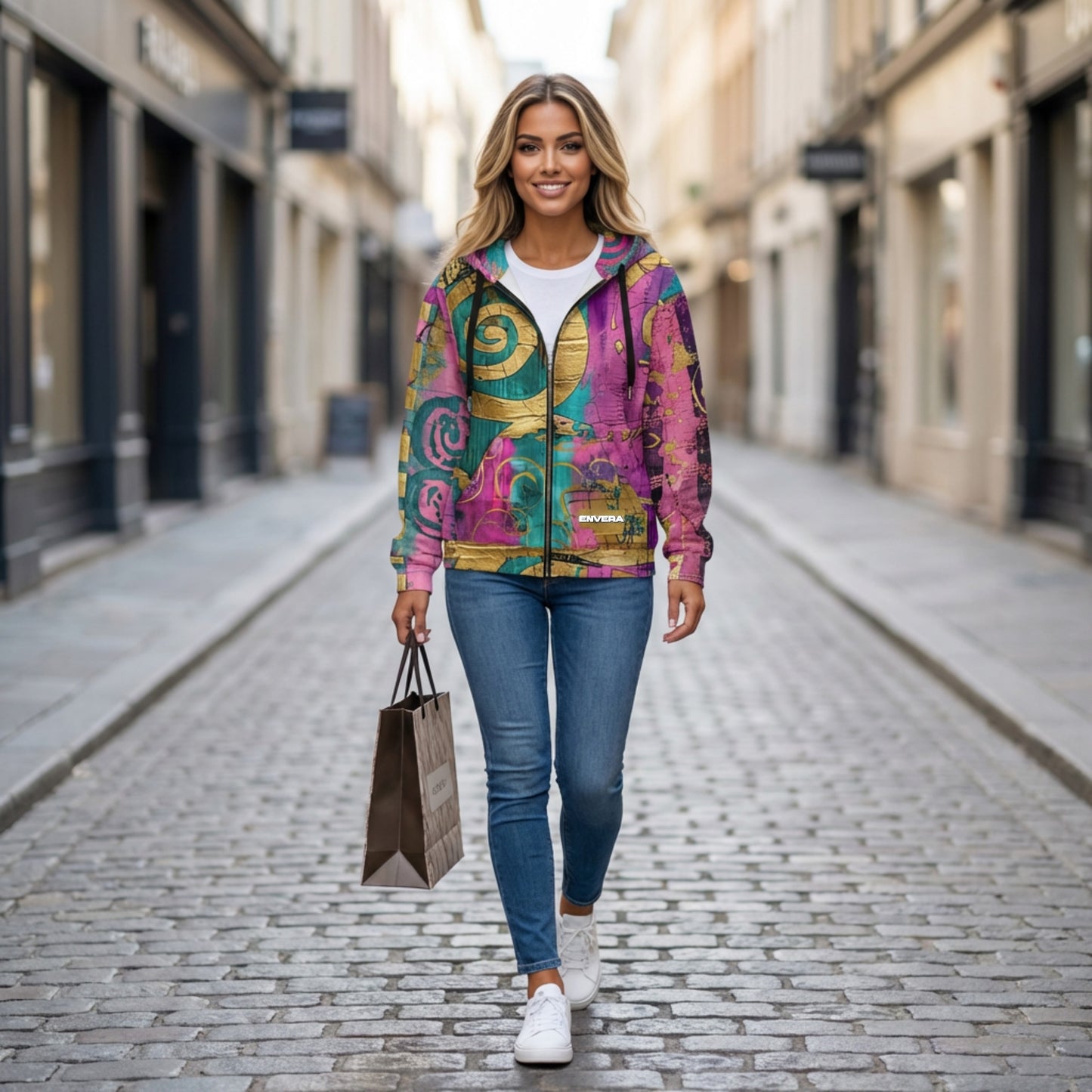 Vibrant abstract unisex zip hoodie with gold accents, colorful streetwear hoodie, bold art hoodie, graphic hoodie, vivid fashion